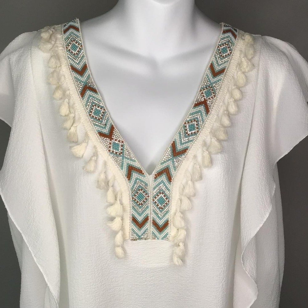 Casting Boho Beaded V-Neck Tunic Blouse White Sz XL‎ Made in France Resortwearar